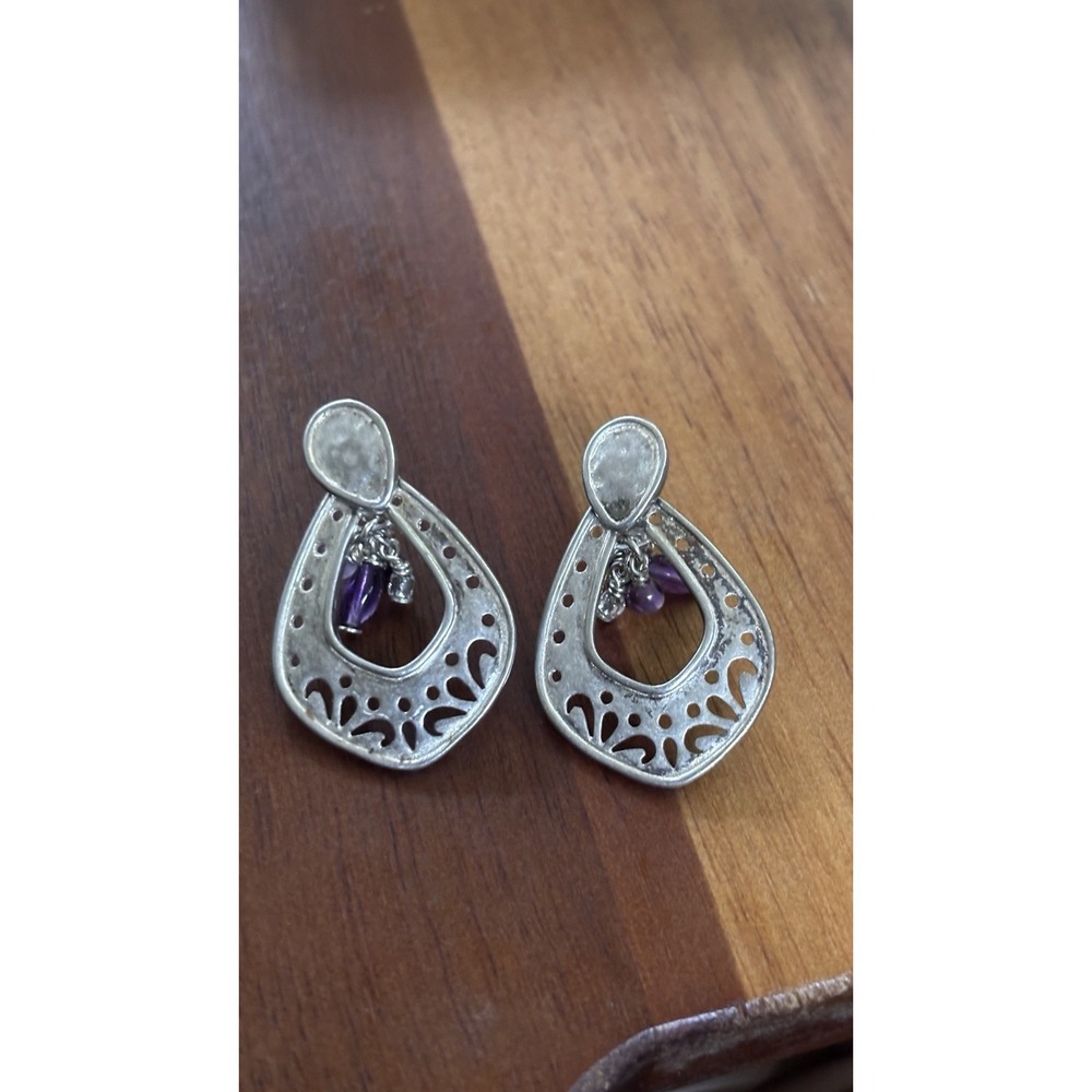 Silpada P2016 Sterling Silver Cutout Amethyst Pearl Beads Dangle Earrings 5.64g